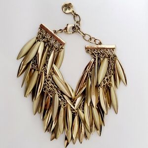 GRAZIANO Gold Fringe  Bracelet Leaf Charm Wide Dangly Boho Shaggy Metallic Retro